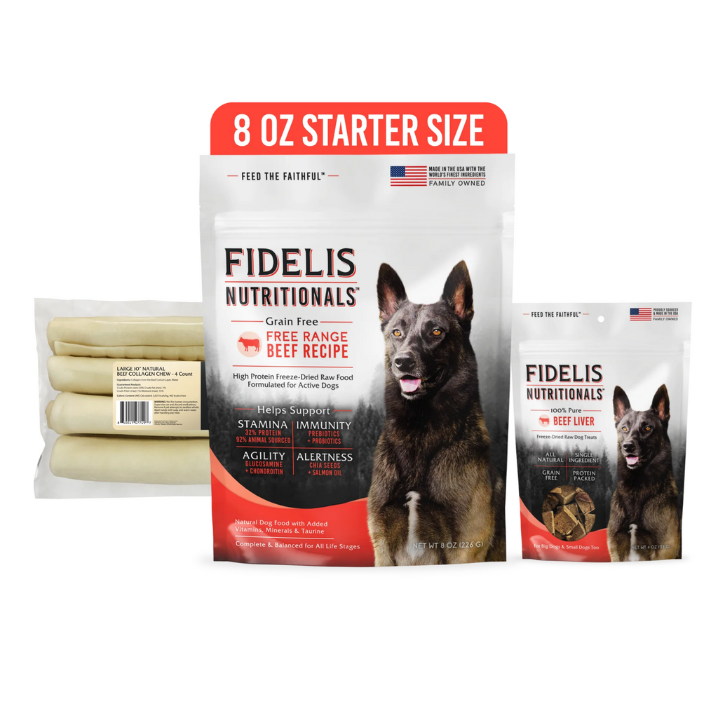 Fidelis Raw Starter Bundle: 8 oz Freeze Dried Raw Beef trial bag, Large Natural Beef Collagen Chew 4 pack, and Beef Liver Treats